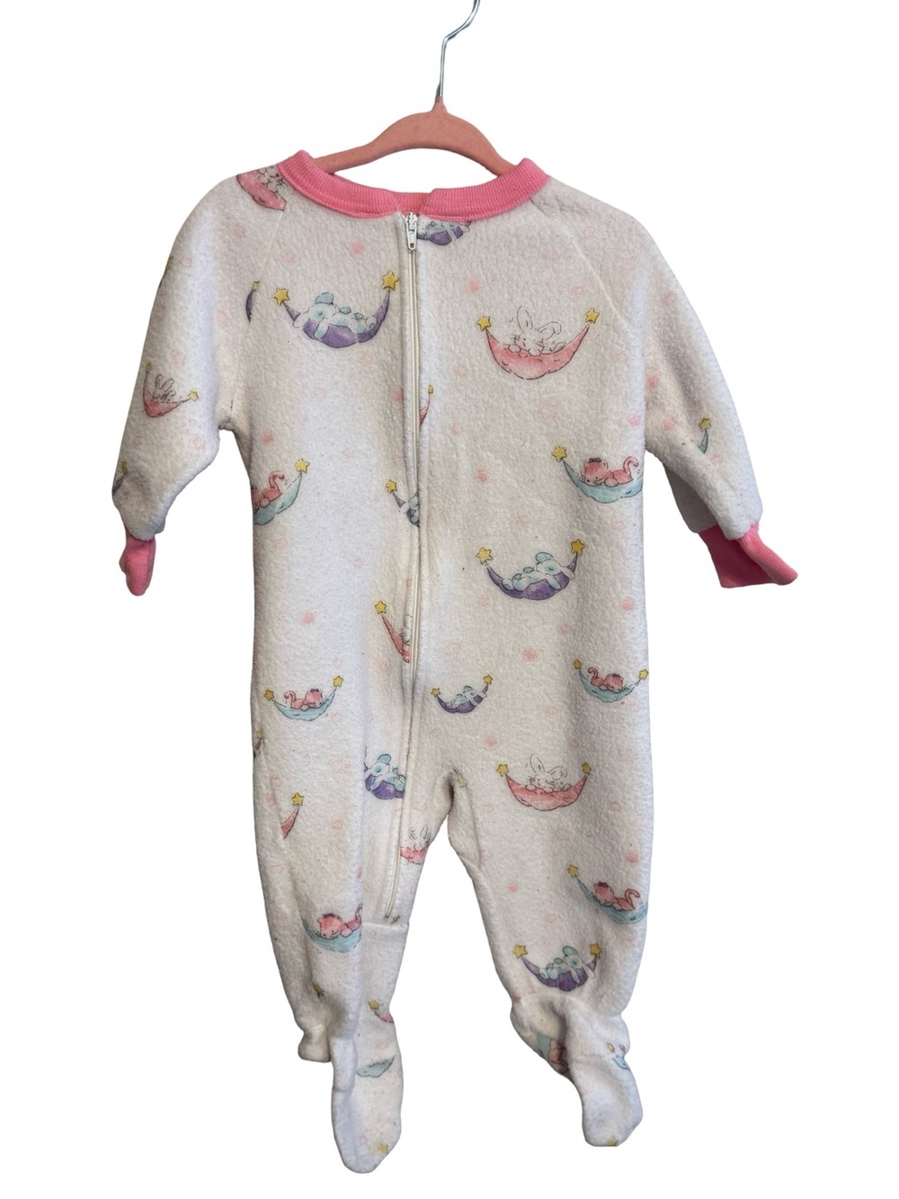 Vintage Carter’s White Pink Fleece Footed Sleeper 6-12 Months Animals Pajamas